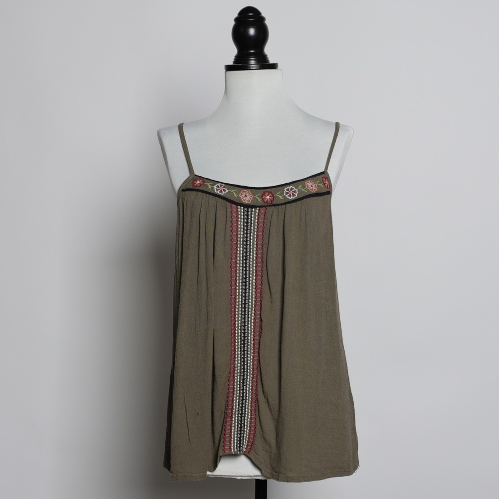 Olive Green Charlotte Russe Embroidered Floral Cami Size Medium Boho Festival